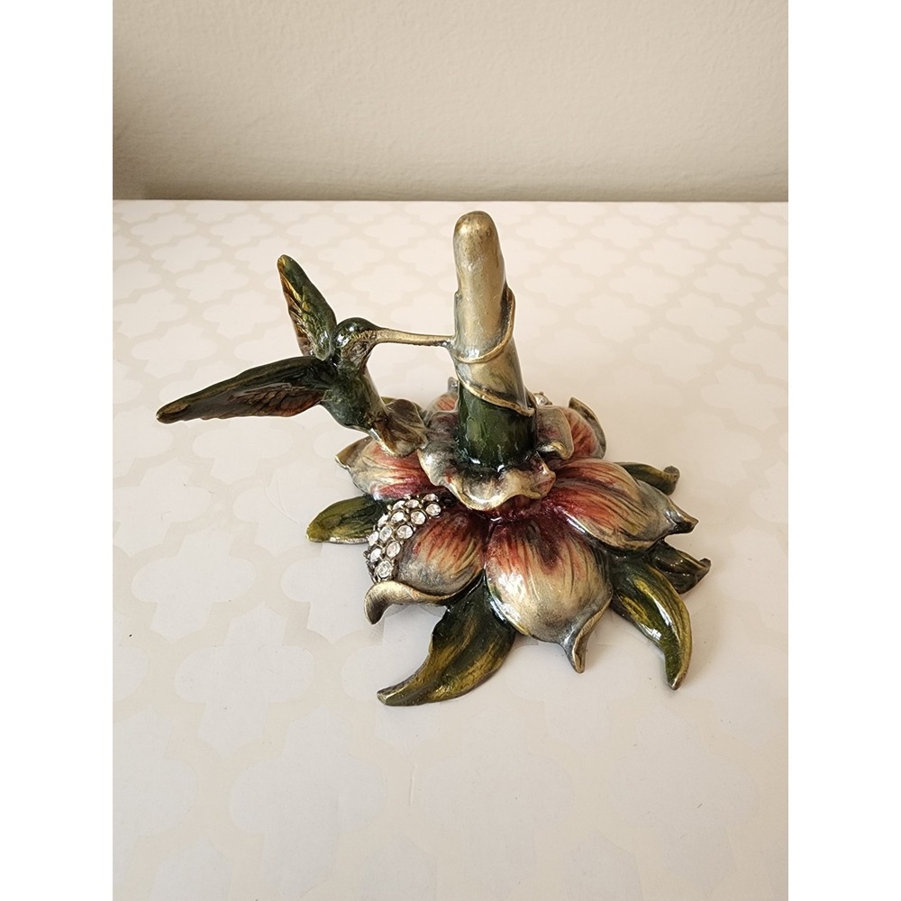 NIB Hummingbird Ring Holder Crystal Enamel Flowers Metal Jewelry Decor Vtg - Picture 8 of 12